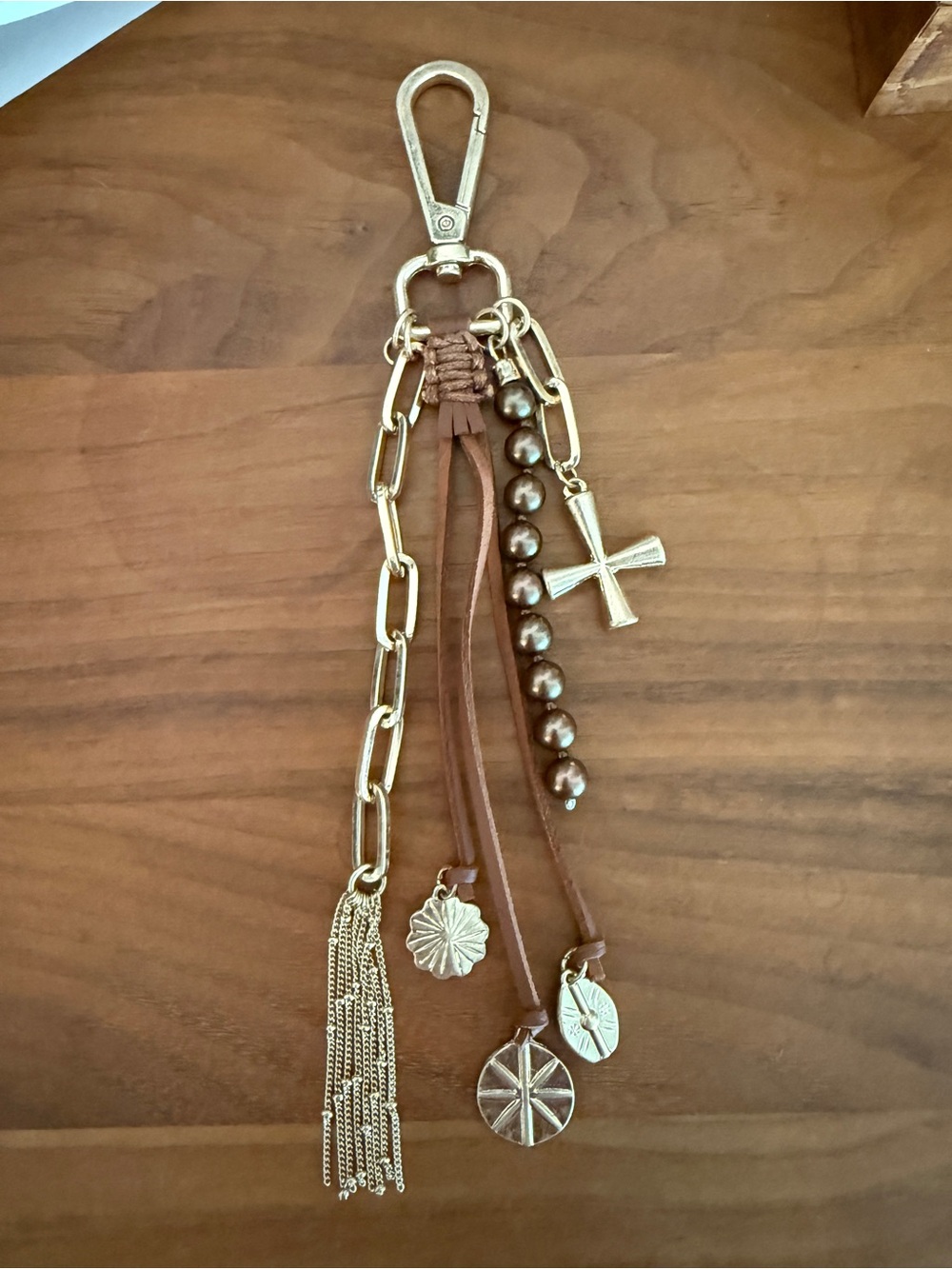 Bag Charm and Keychain with Gold and Brown Leather Accents